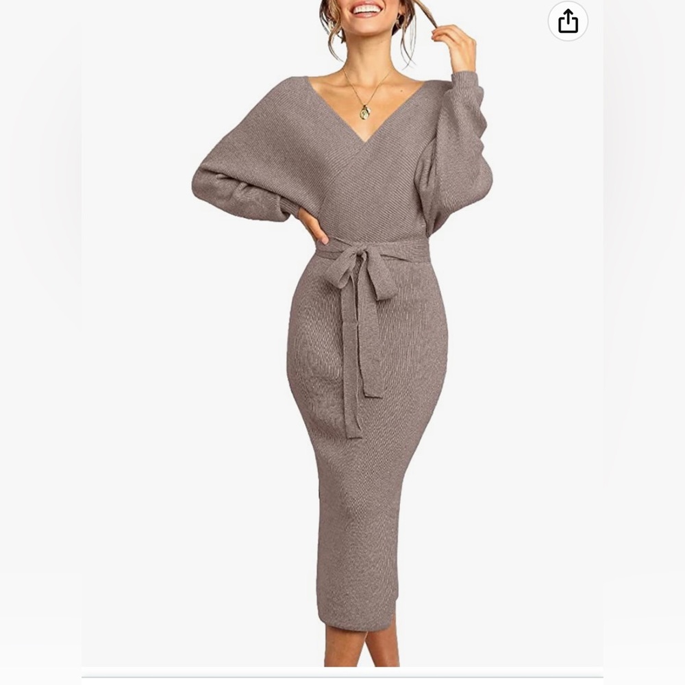 Women's Long Sweater Dress Batwing V Neck Slit Open Back Bodycon Dress w/Belt